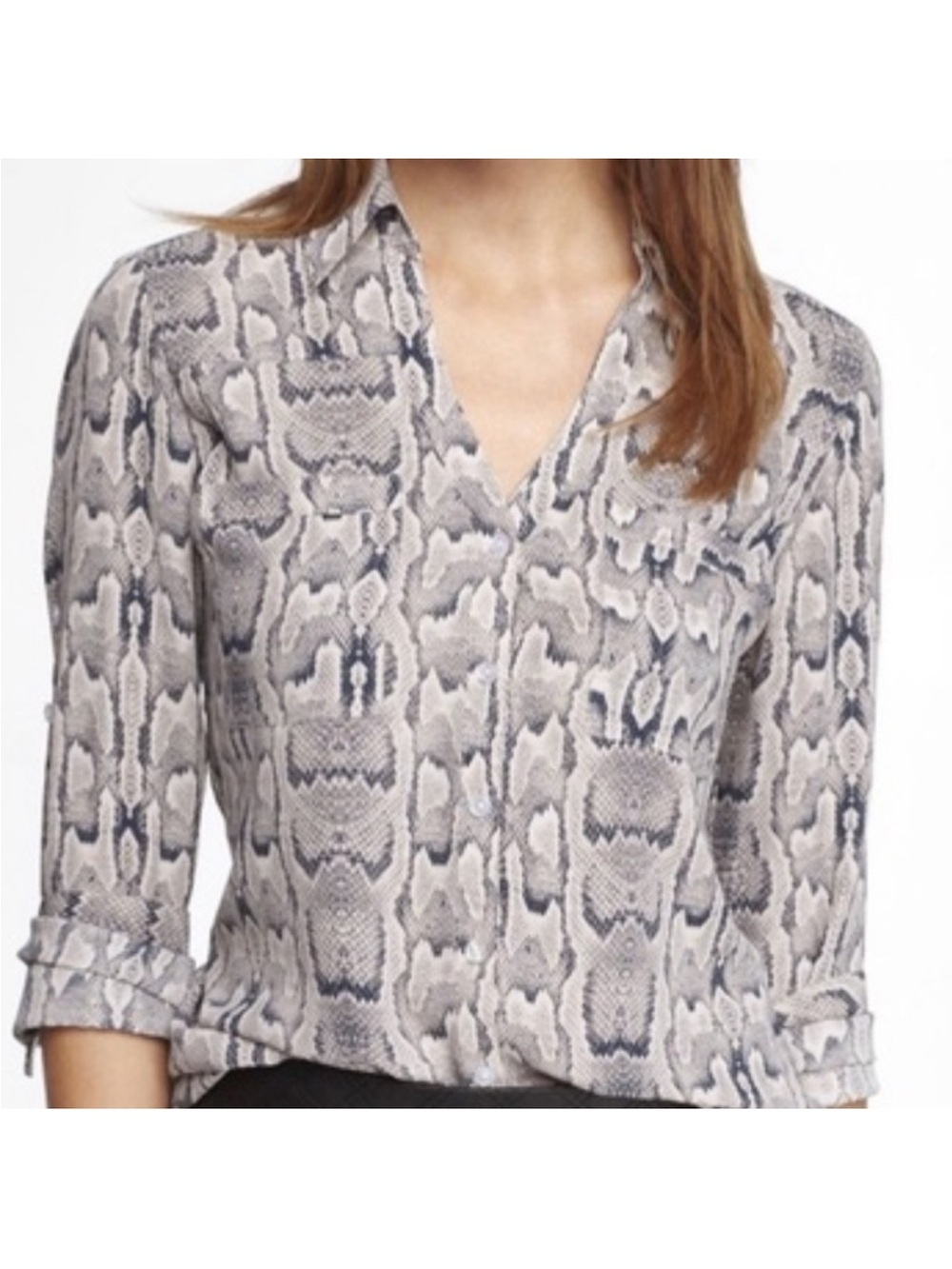 Express Semi-Sheer Portofino Snake Print Long Roll Tab Sleeves Button Up